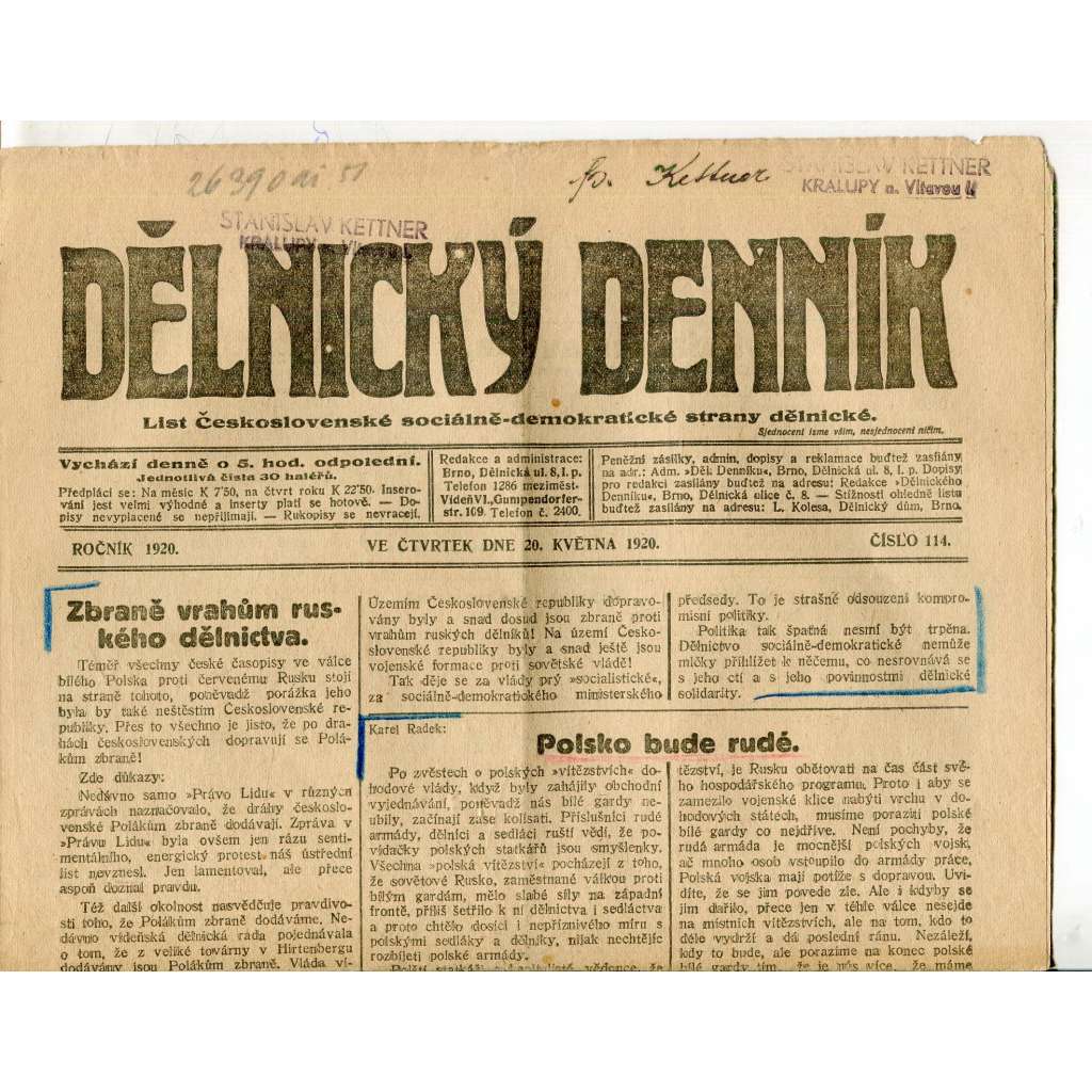 Dělnický denník (20.5.1920) 1. republika, staré noviny