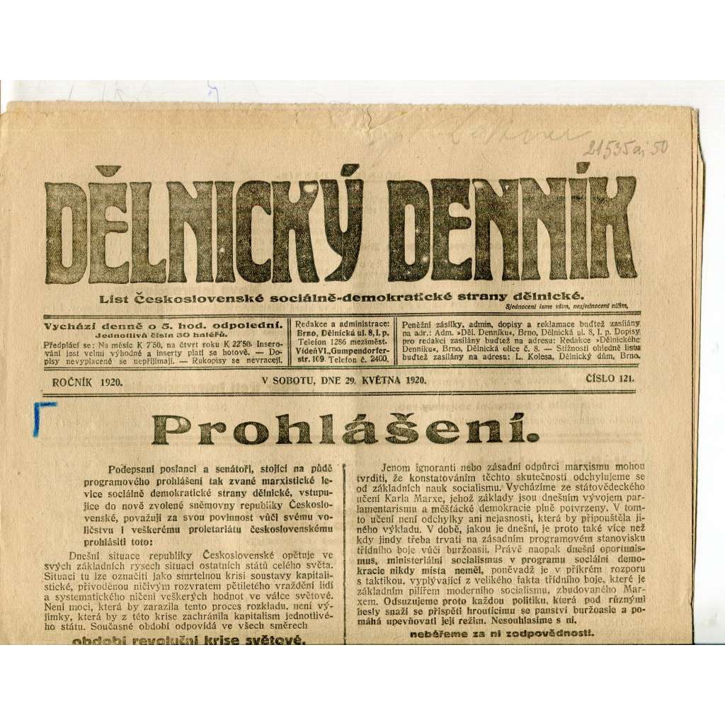 Dělnický denník (29.5.1920) 1. republika, staré noviny