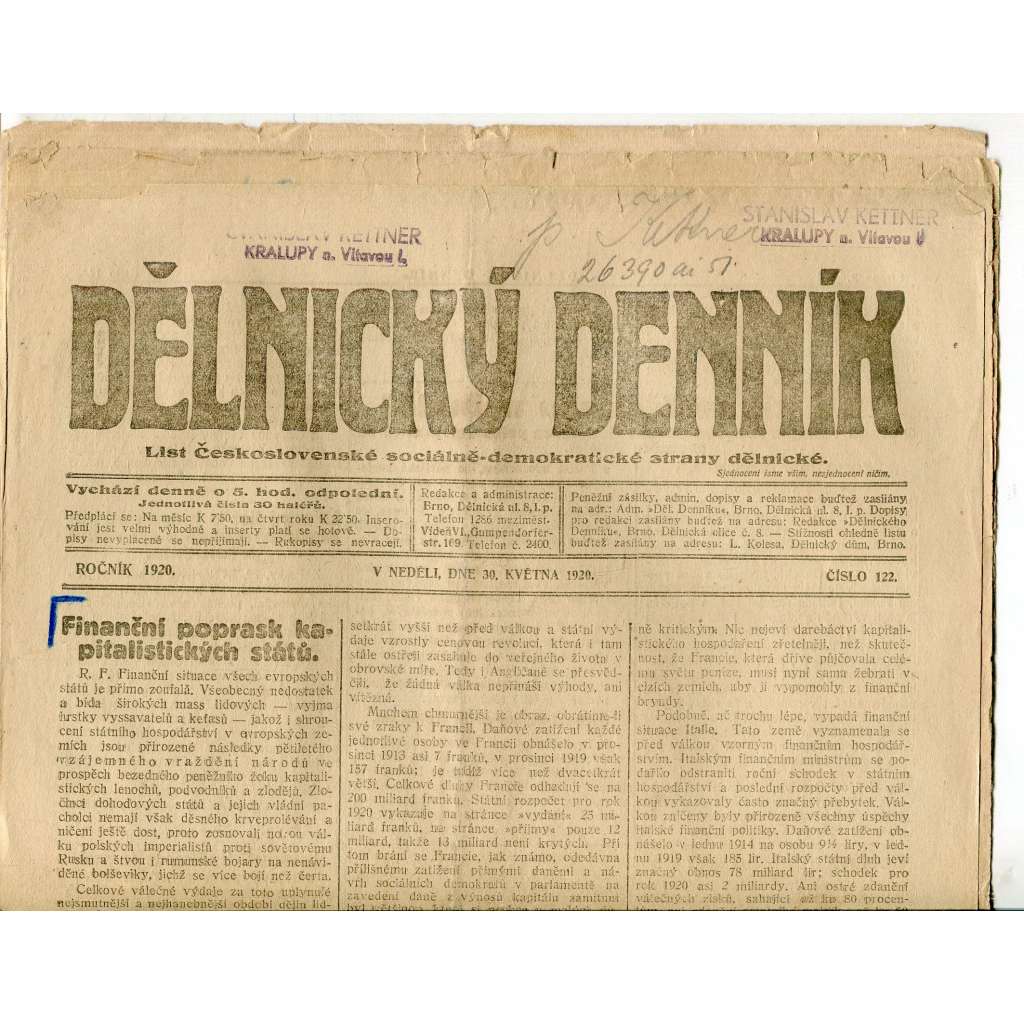 Dělnický denník (30.5.1920) 1. republika, staré noviny