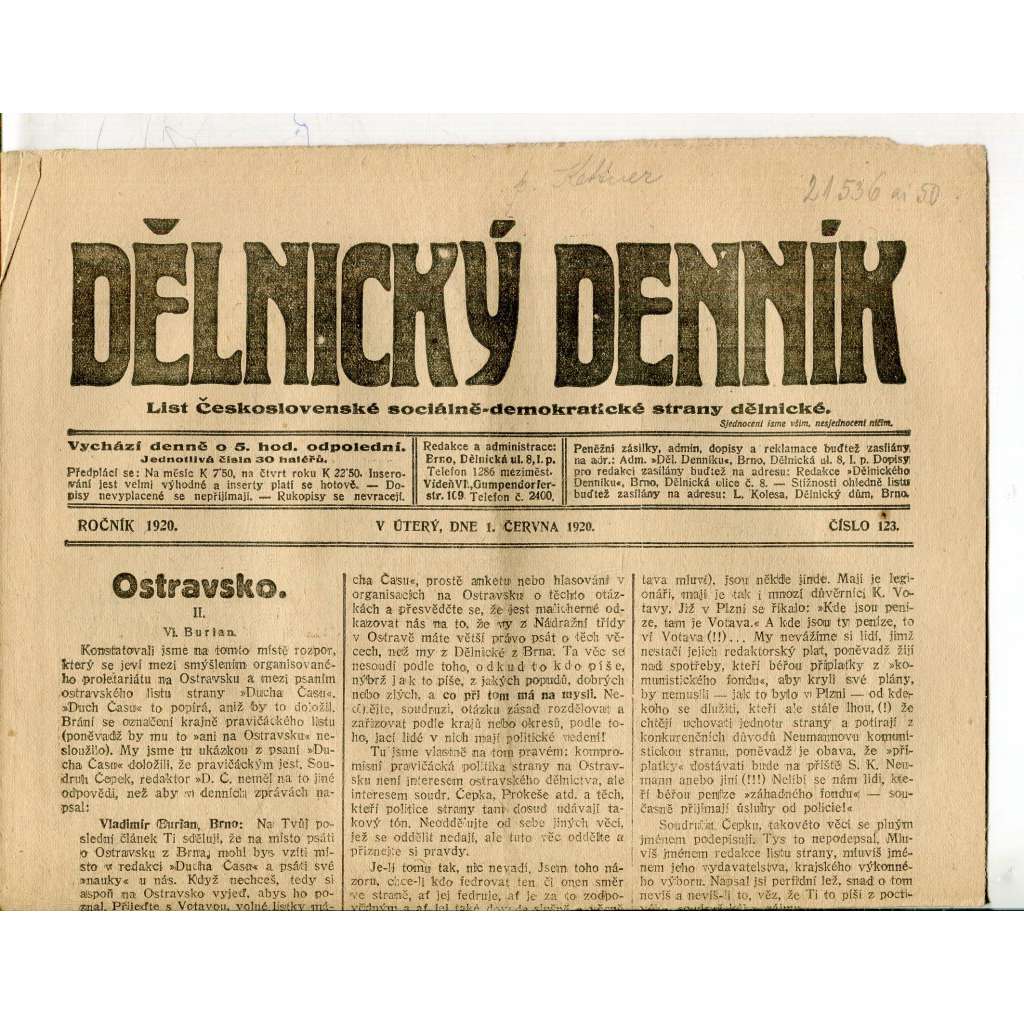 Dělnický denník (1.6.1920) 1. republika, staré noviny
