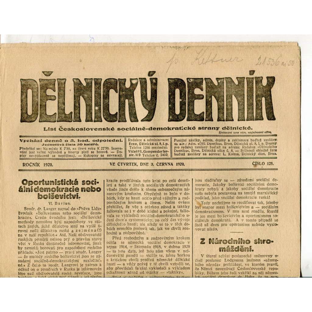 Dělnický denník (3.6.1920) 1. republika, staré noviny