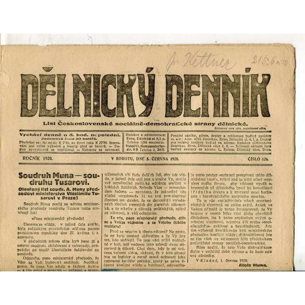 Dělnický denník (5.6.1920) 1. republika, staré noviny