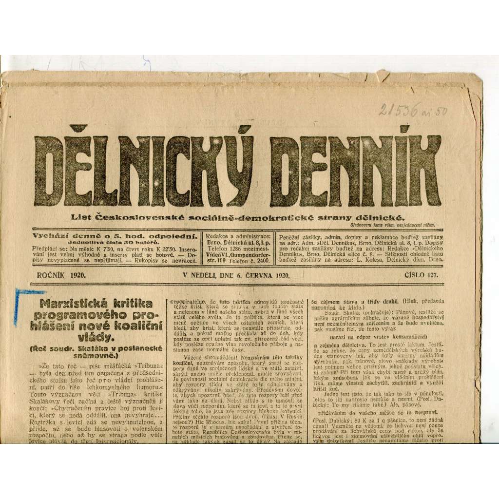 Dělnický denník (6.6.1920) 1. republika, staré noviny