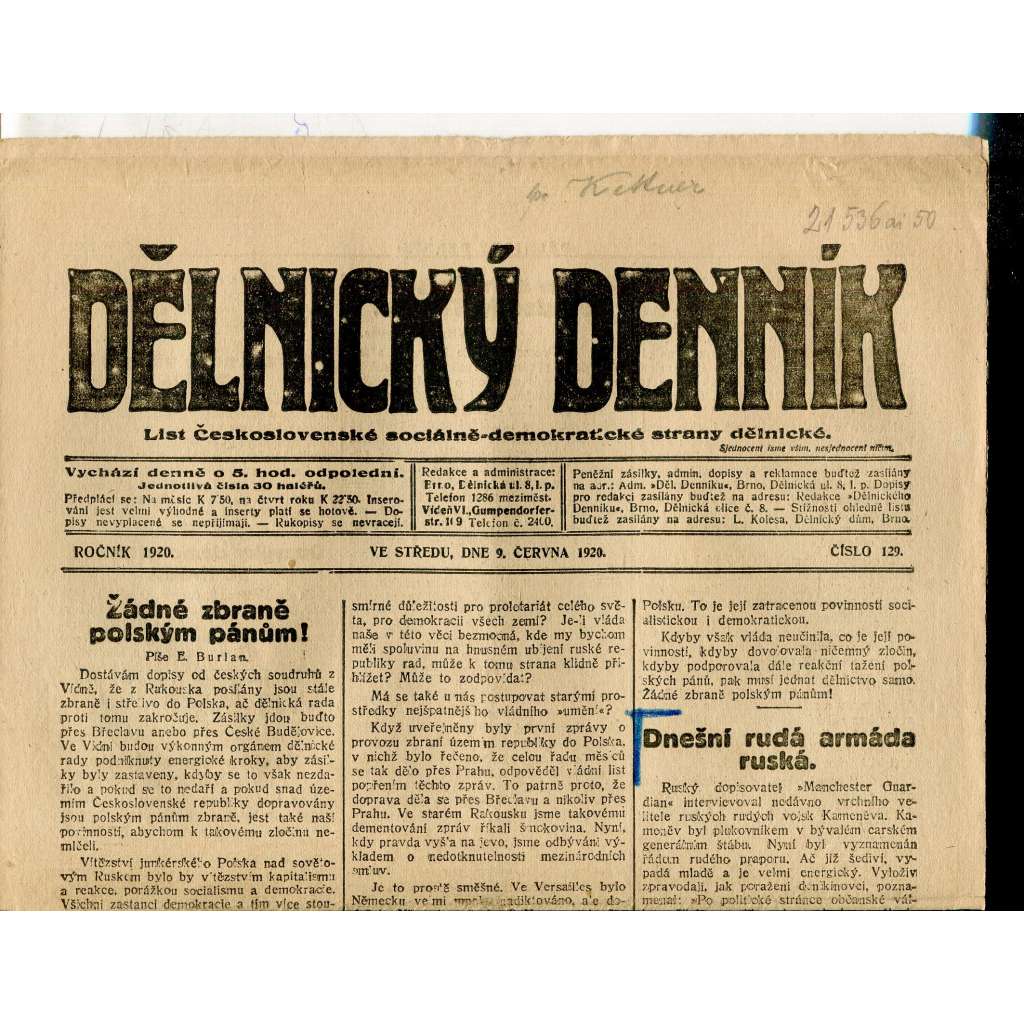 Dělnický denník (9.6.1920) 1. republika, staré noviny