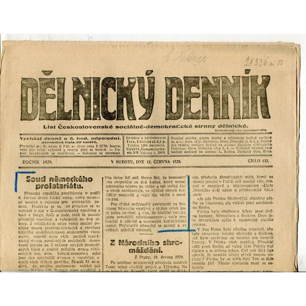 Dělnický denník (12.6.1920) 1. republika, staré noviny