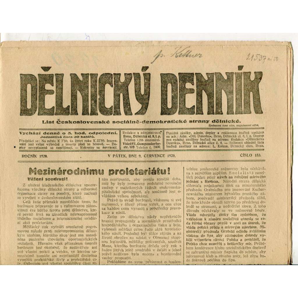 Dělnický denník (9.7.1920) 1. republika, staré noviny