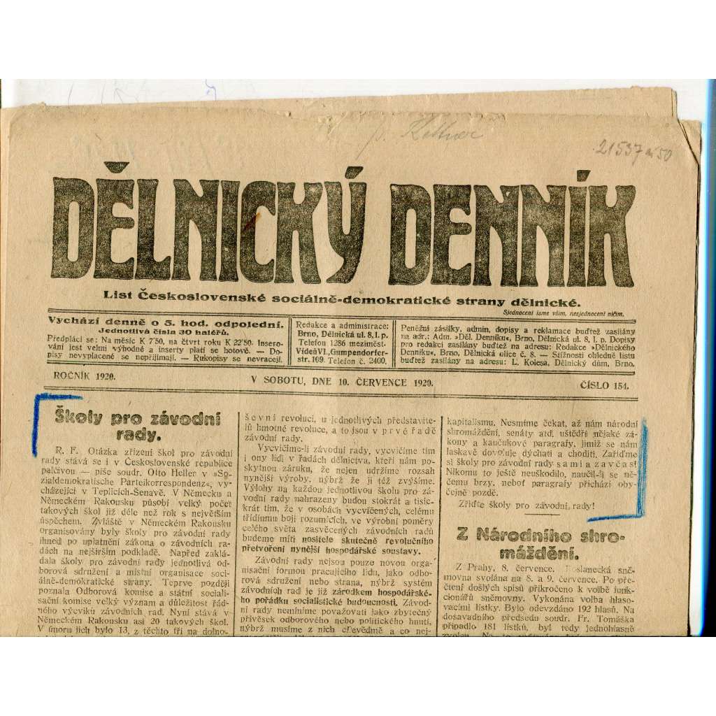 Dělnický denník (10.7.1920) 1. republika, staré noviny