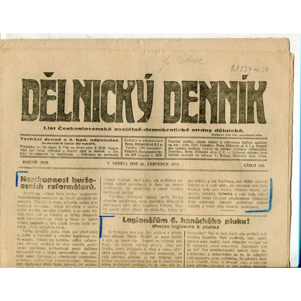 Dělnický denník (11.7.1920) 1. republika, staré noviny