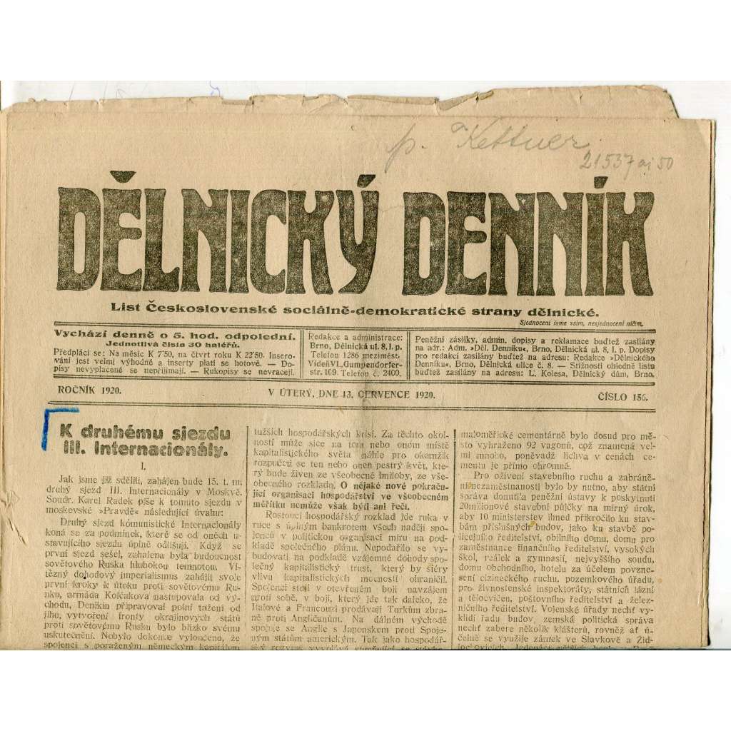 Dělnický denník (13.7.1920) 1. republika, staré noviny