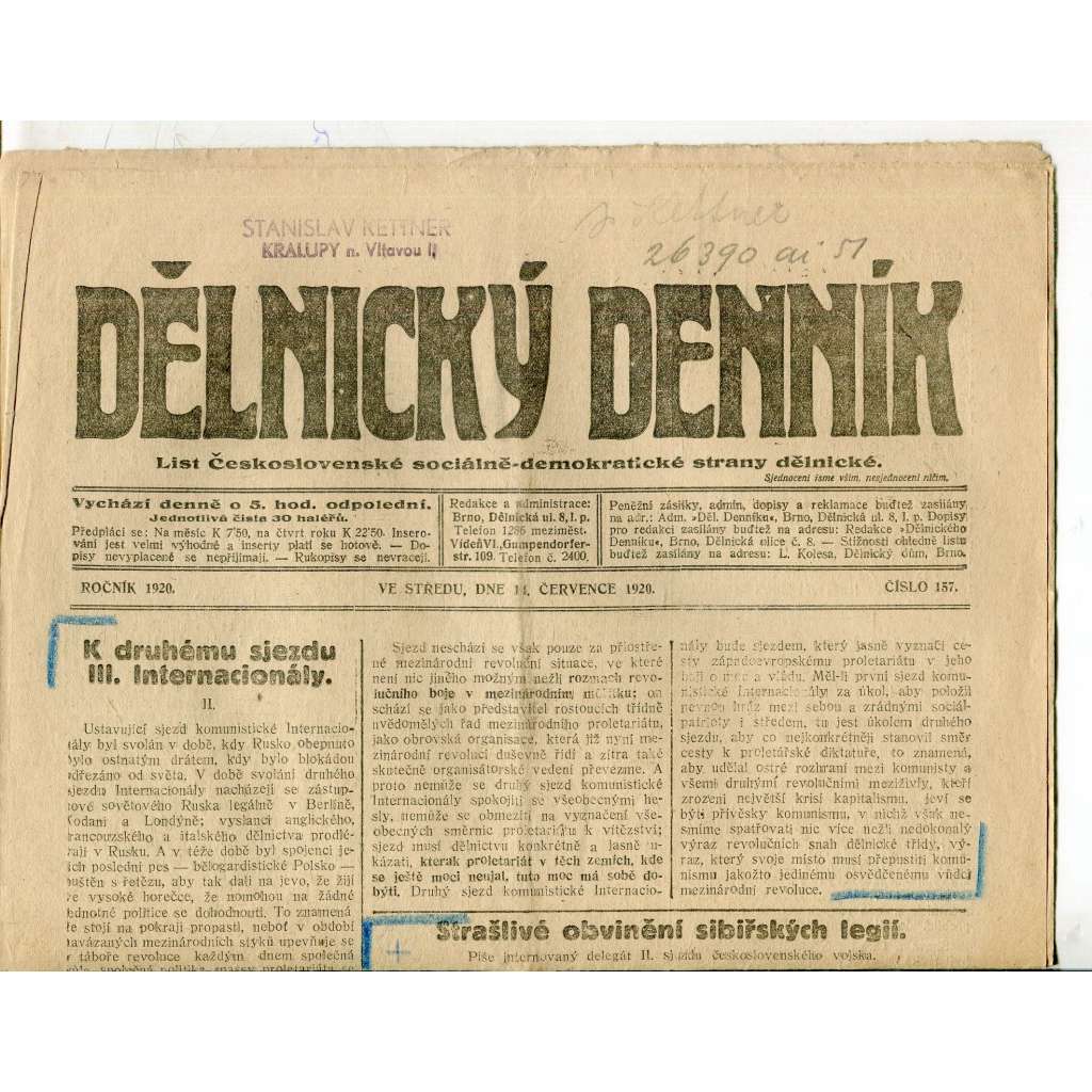 Dělnický denník (14.7.1920) 1. republika, staré noviny