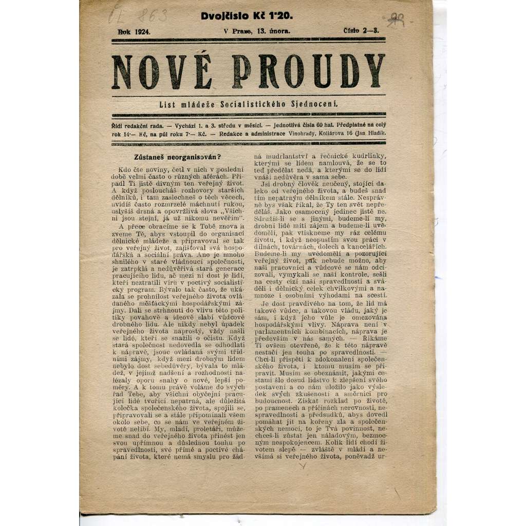 Nové proudy. List mládeže Socialistického Sjednocení (13.2.1924) - staré noviny, 1. republika