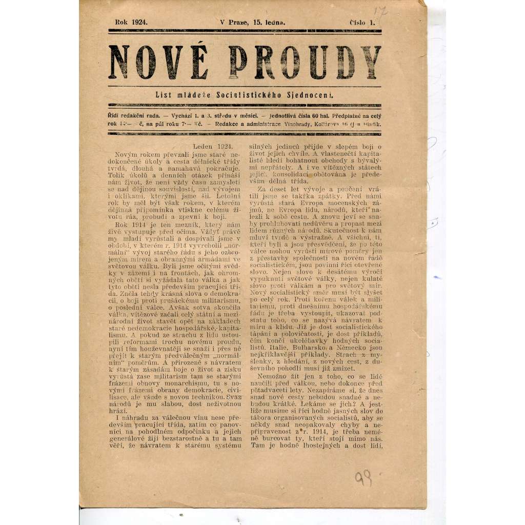 Nové proudy. List mládeže Socialistického Sjednocení (15.1.1924) - staré noviny, 1. republika