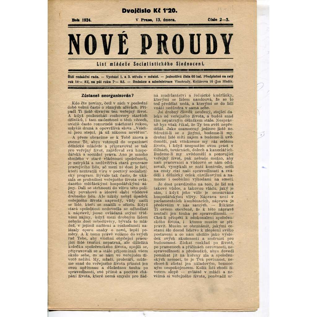 Nové proudy. List mládeže Socialistického Sjednocení (13.2.1924) - staré noviny, 1. republika