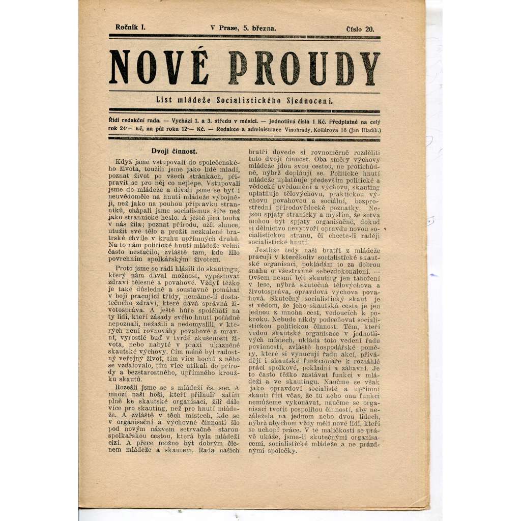 Nové proudy. List mládeže Socialistického Sjednocení (5.3.) - staré noviny, 1. republika