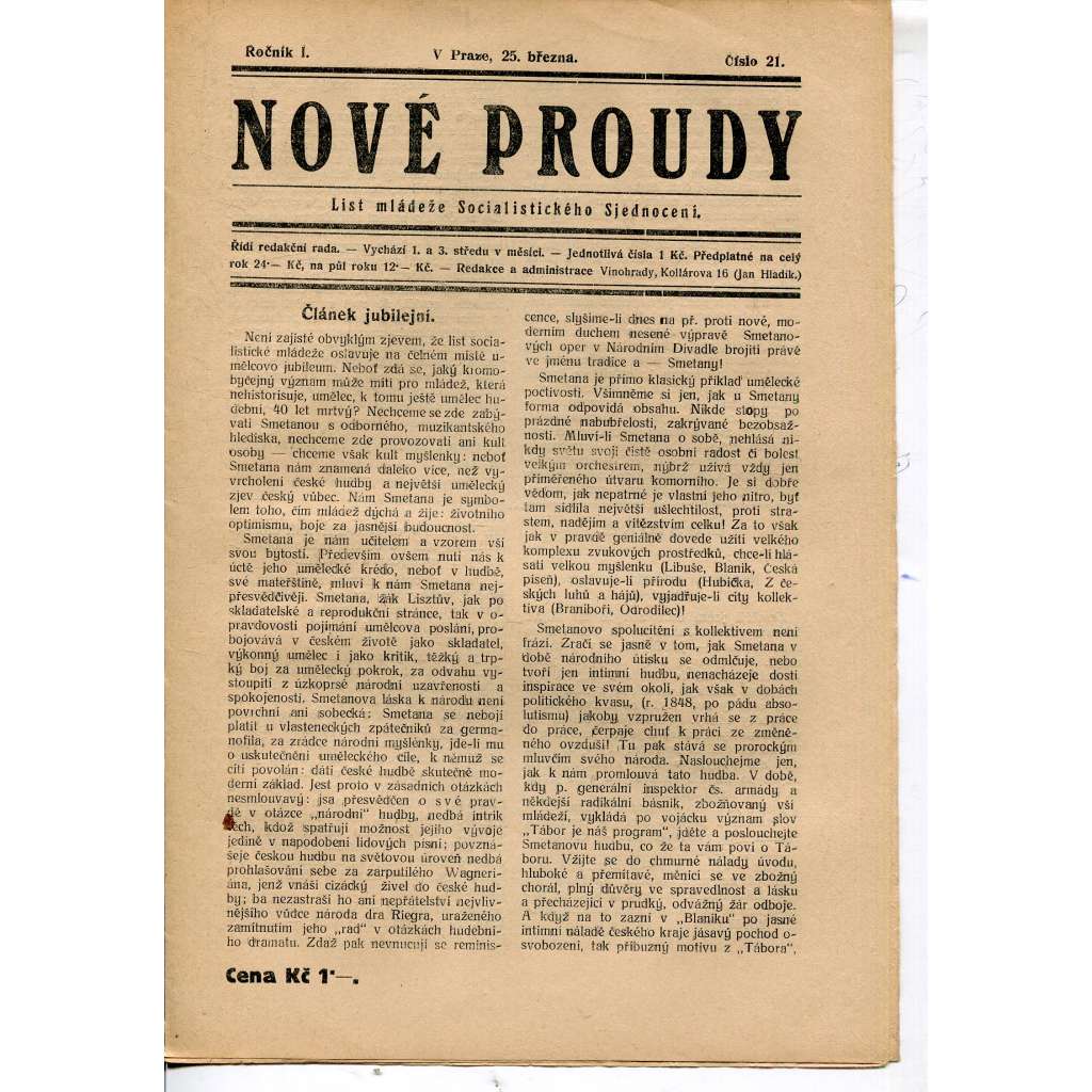 Nové proudy. List mládeže Socialistického Sjednocení (25.3.) - staré noviny, 1. republika