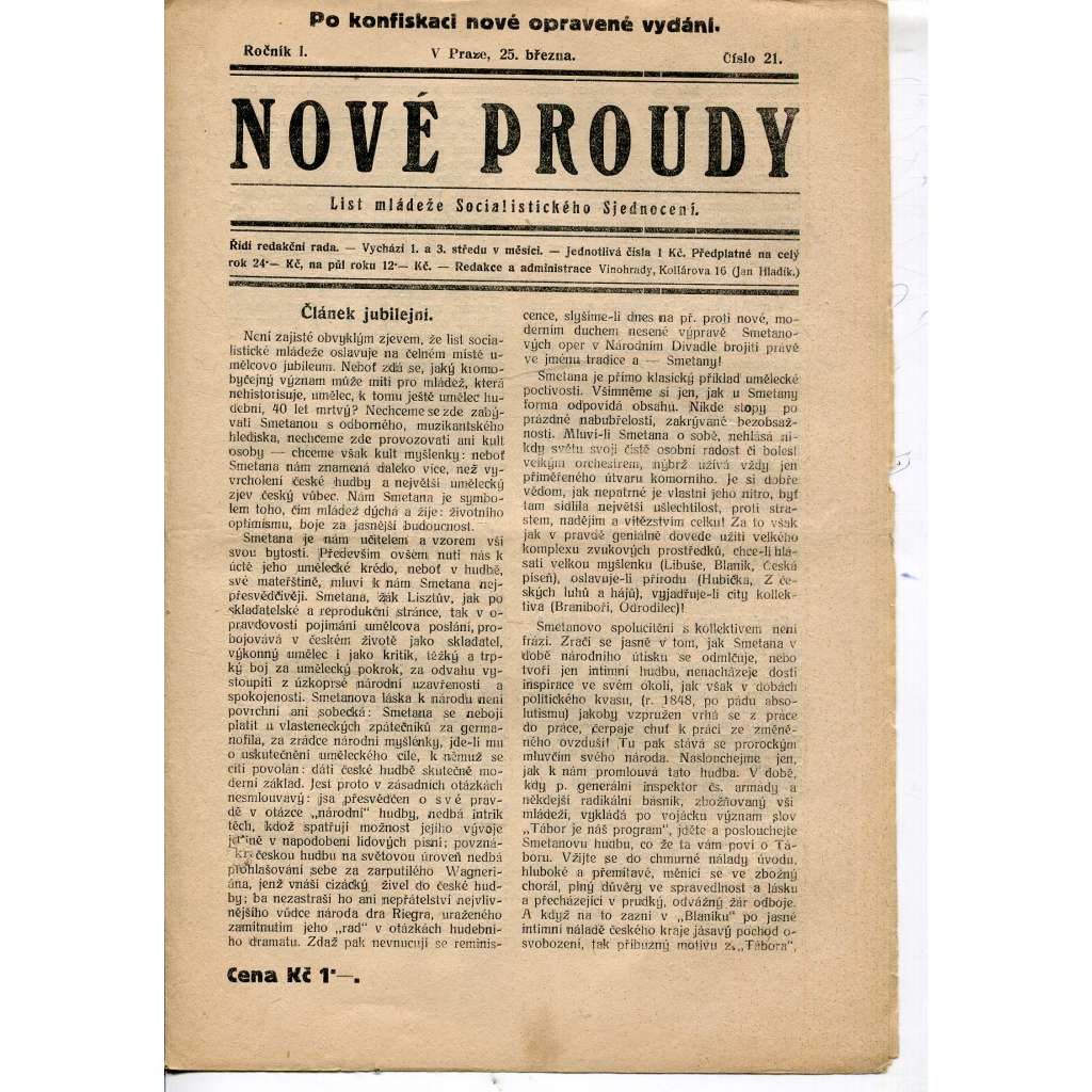 Nové proudy. List mládeže Socialistického Sjednocení (25.3.) - staré noviny, 1. republika