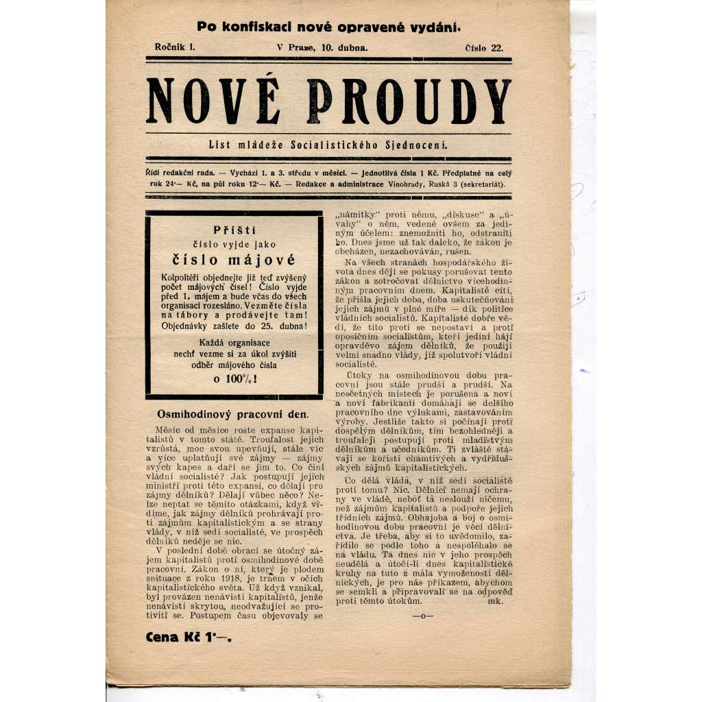 Nové proudy. List mládeže Socialistického Sjednocení (10.4.) - staré noviny, 1. republika