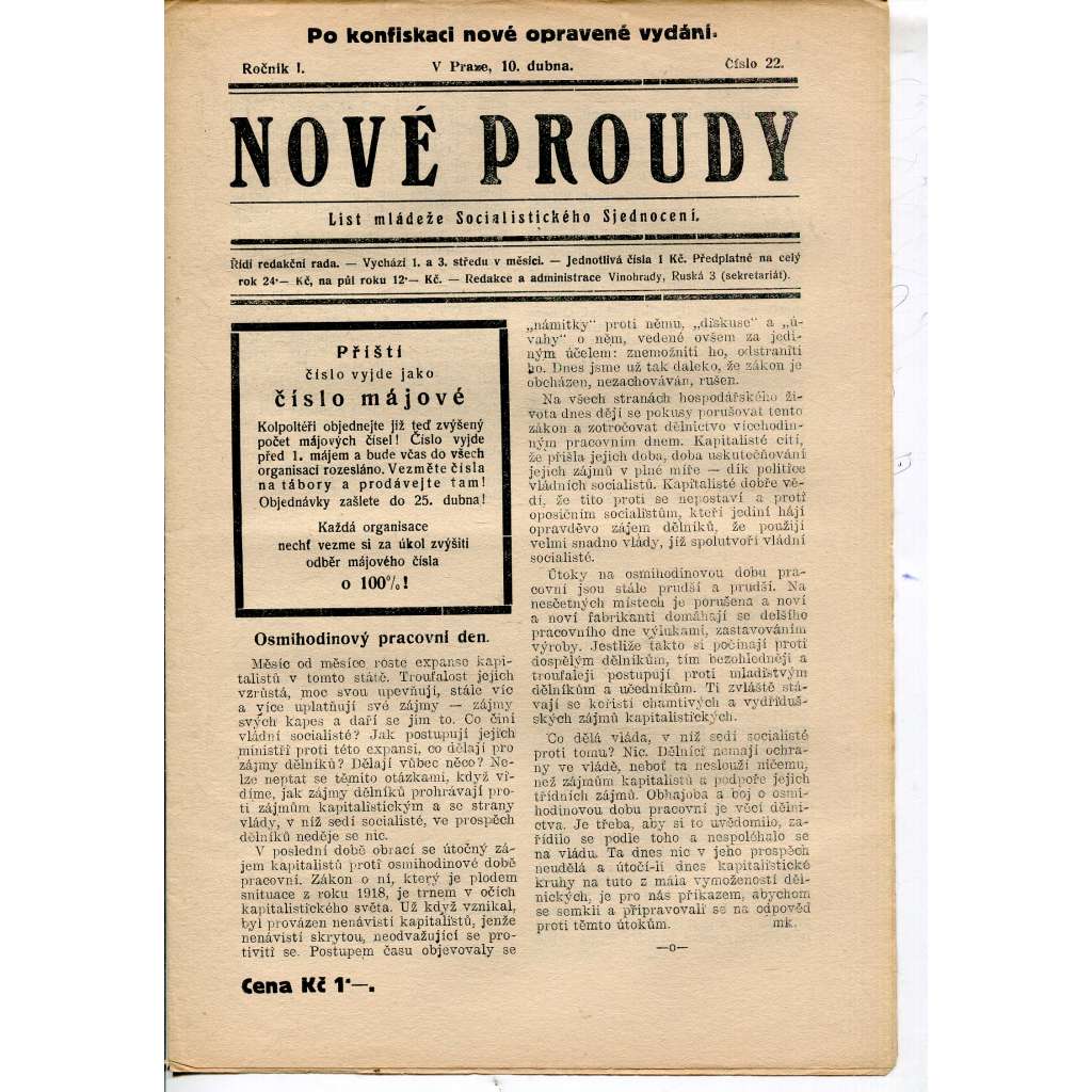 Nové proudy. List mládeže Socialistického Sjednocení (10.4.) - staré noviny, 1. republika