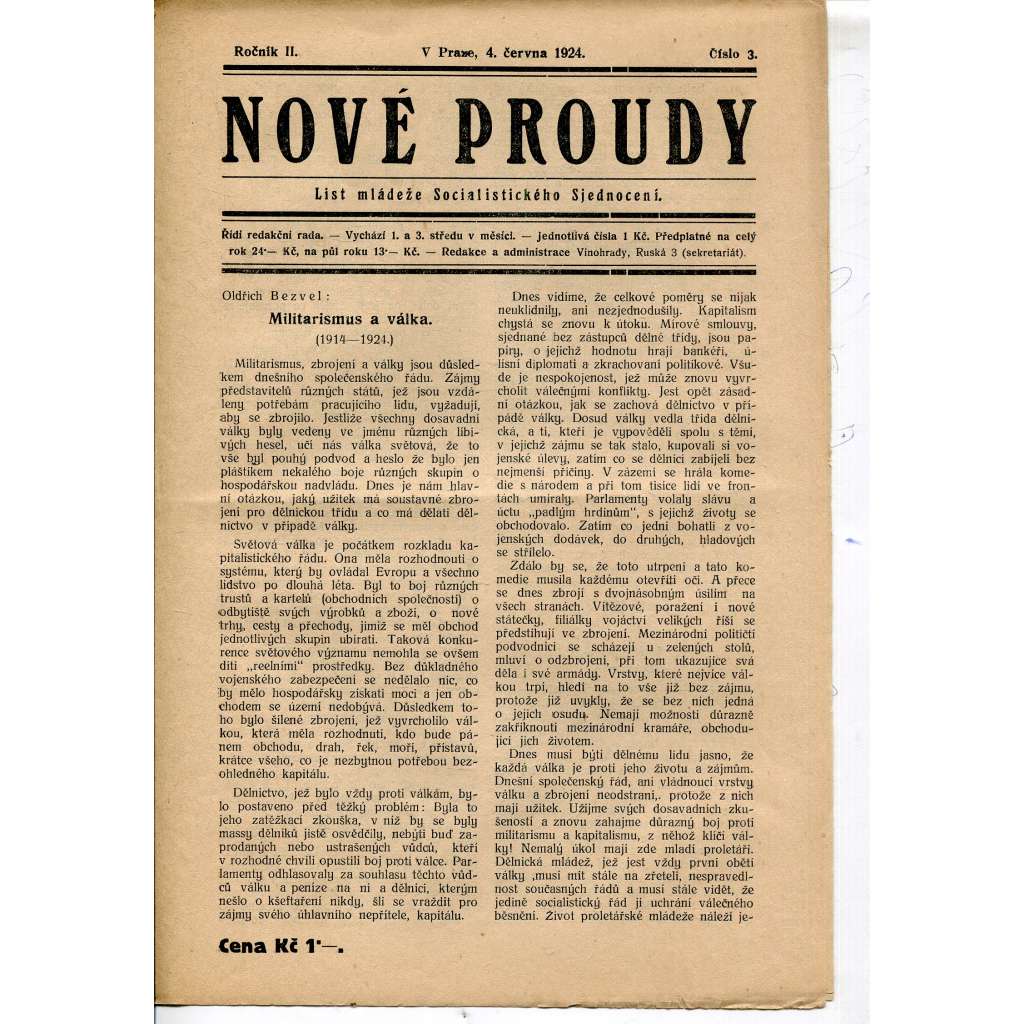Nové proudy. List mládeže Socialistického Sjednocení (4.6.1924) - staré noviny, 1. republika