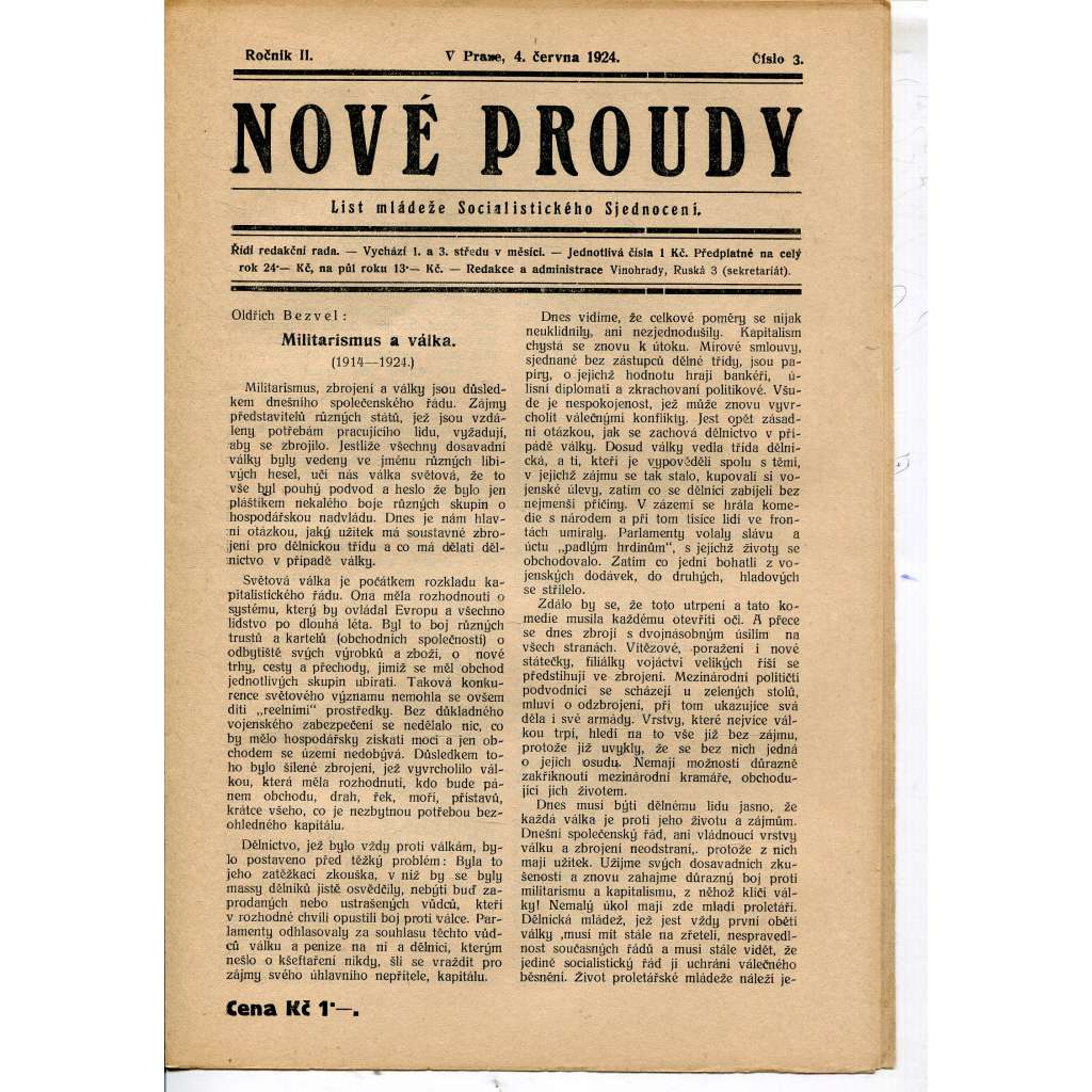 Nové proudy. List mládeže Socialistického Sjednocení (4.6.1924) - staré noviny, 1. republika