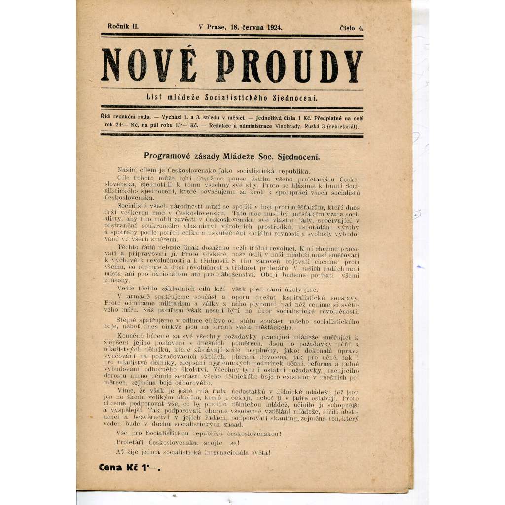 Nové proudy. List mládeže Socialistického Sjednocení (18.6.1924) - staré noviny, 1. republika