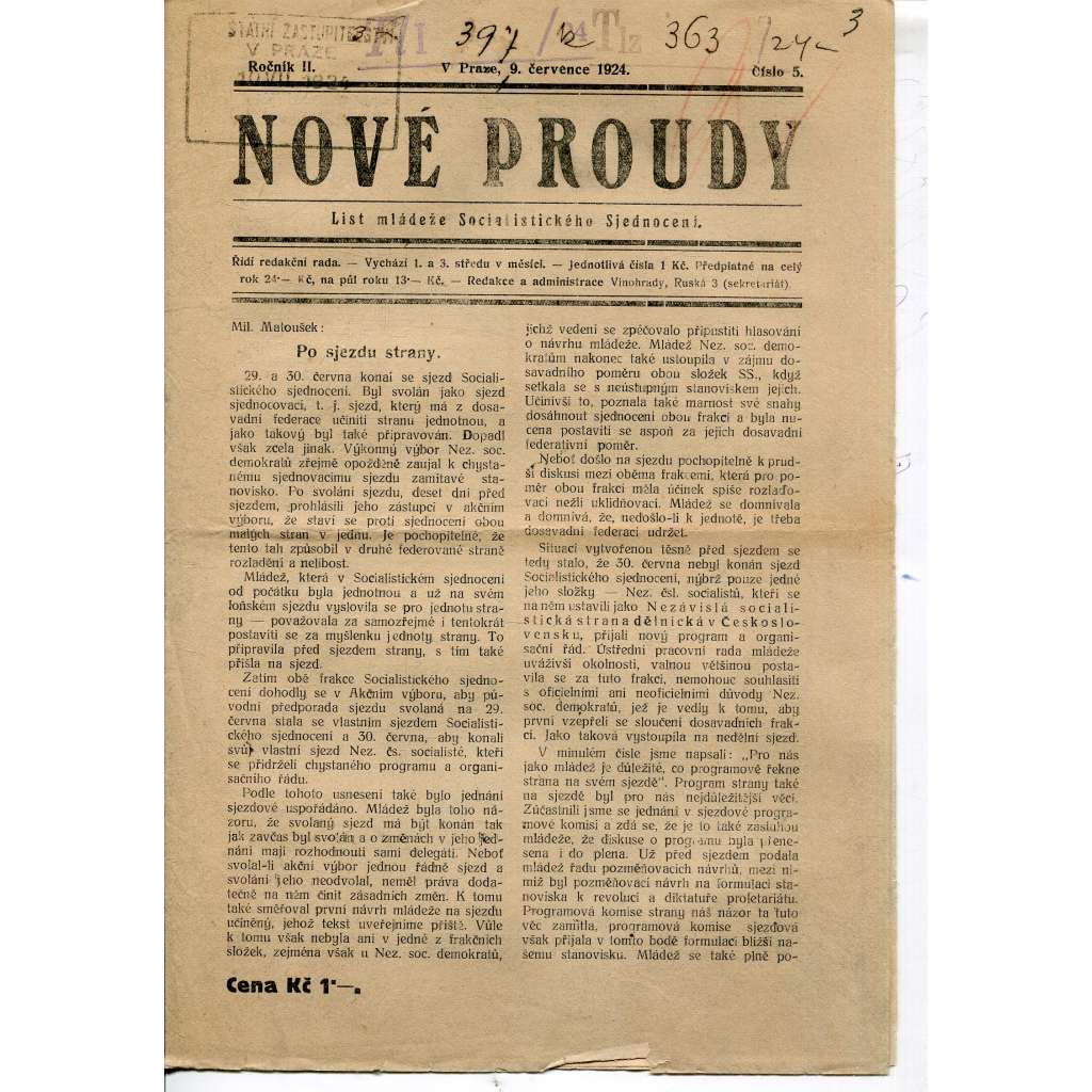 Nové proudy. List mládeže Socialistického Sjednocení (9.7.1924) - staré noviny, 1. republika