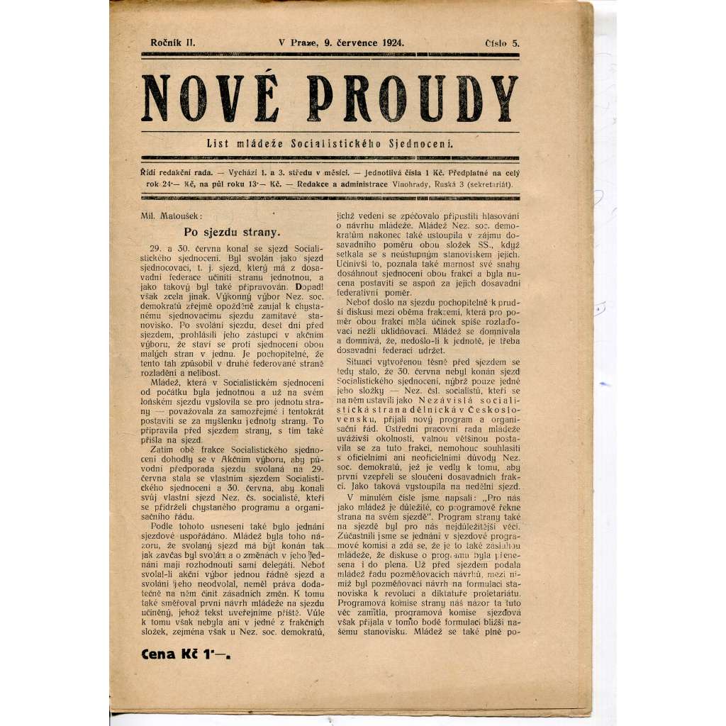 Nové proudy. List mládeže Socialistického Sjednocení (9.7.1924) - staré noviny, 1. republika