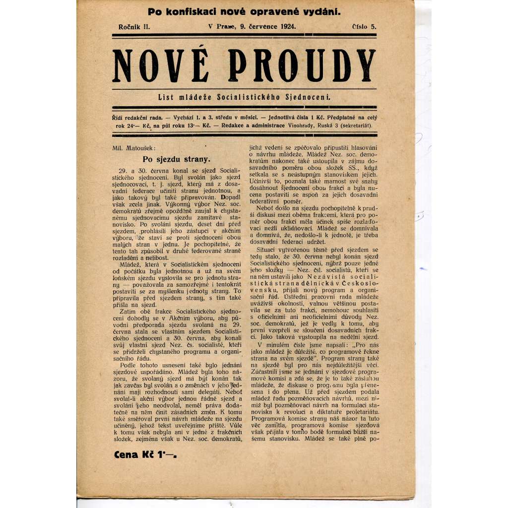 Nové proudy. List mládeže Socialistického Sjednocení (9.7.1924) - staré noviny, 1. republika