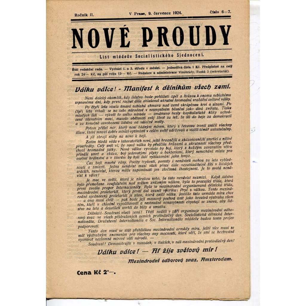 Nové proudy. List mládeže Socialistického Sjednocení (9.7.1924) - staré noviny, 1. republika