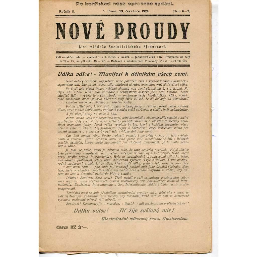 Nové proudy. List mládeže Socialistického Sjednocení (23.7.1924) - staré noviny, 1. republika