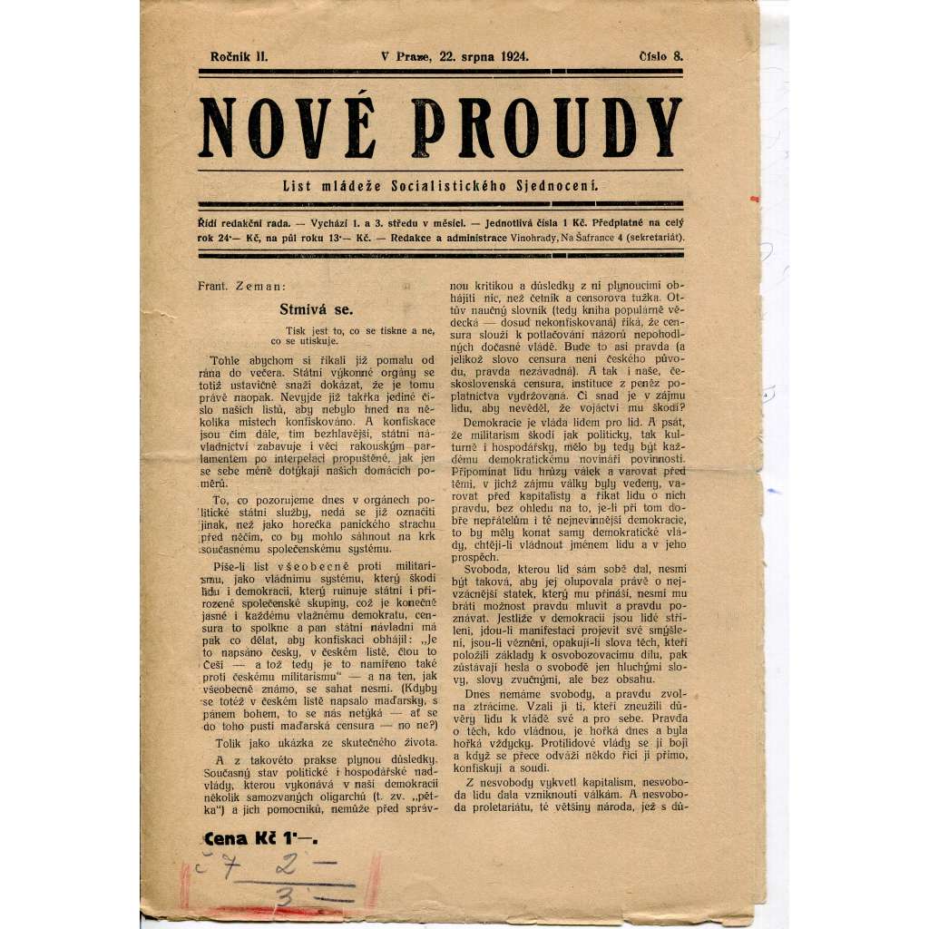 Nové proudy. List mládeže Socialistického Sjednocení (22.8.1924) - staré noviny, 1. republika
