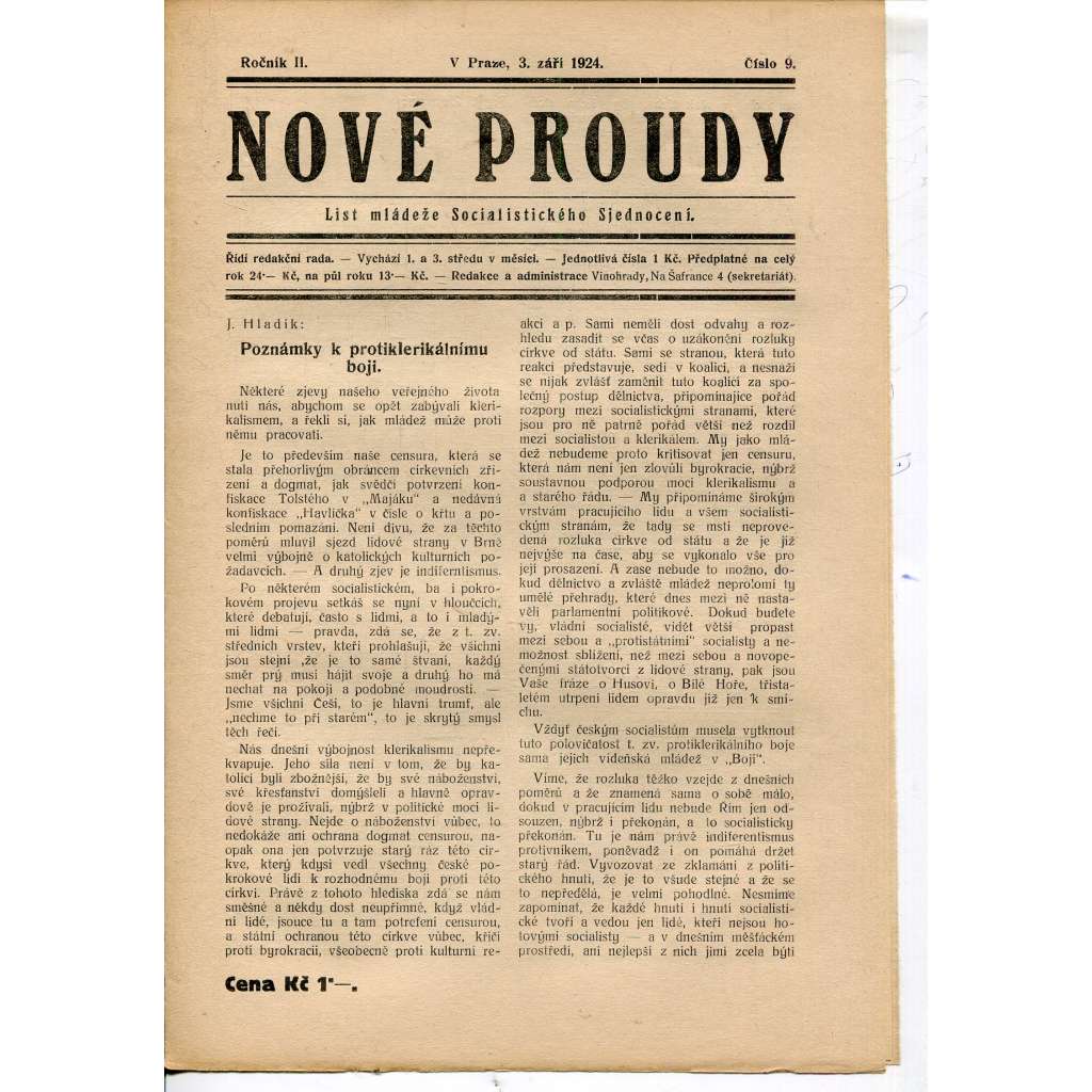 Nové proudy. List mládeže Socialistického Sjednocení (3.9.1924) - staré noviny, 1. republika