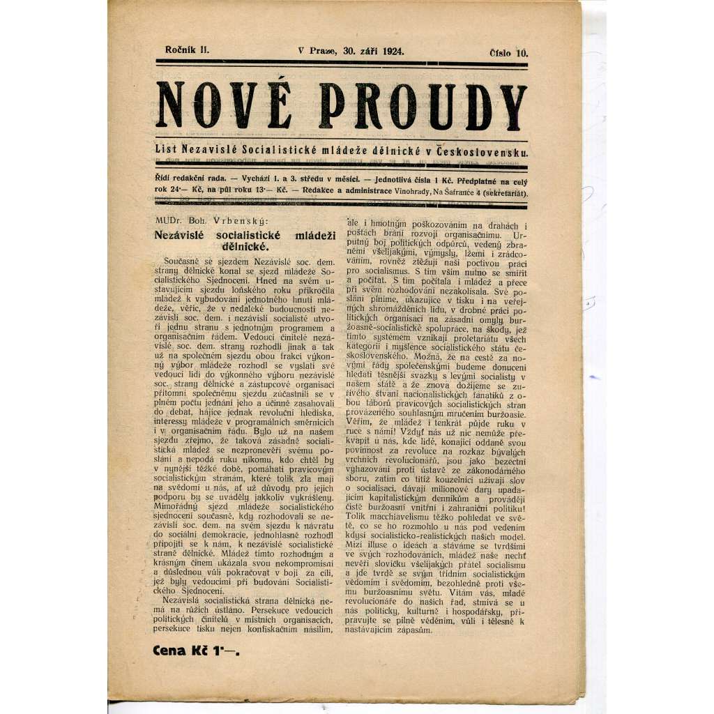 Nové proudy. List mládeže Socialistického Sjednocení (30.9.1924) - staré noviny, 1. republika