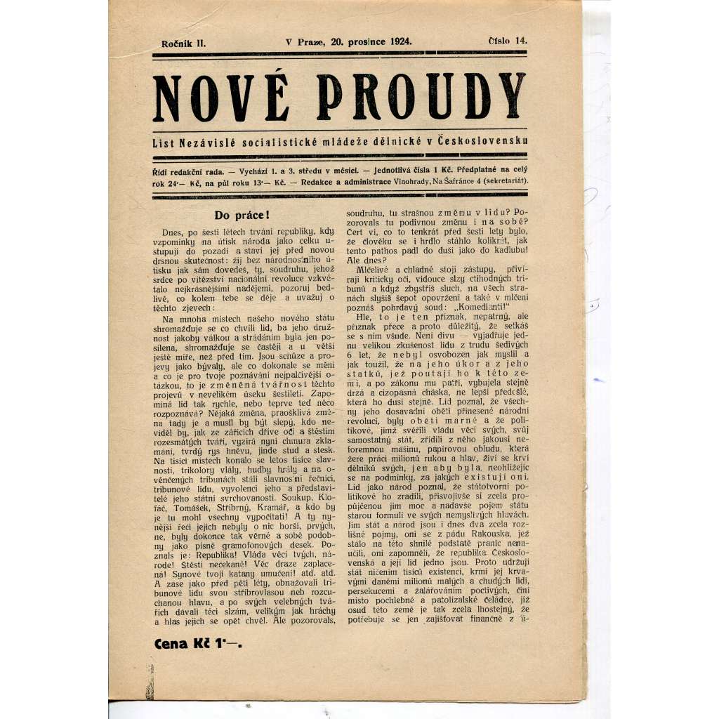 Nové proudy. List mládeže Socialistického Sjednocení (20.12.1924) - staré noviny, 1. republika