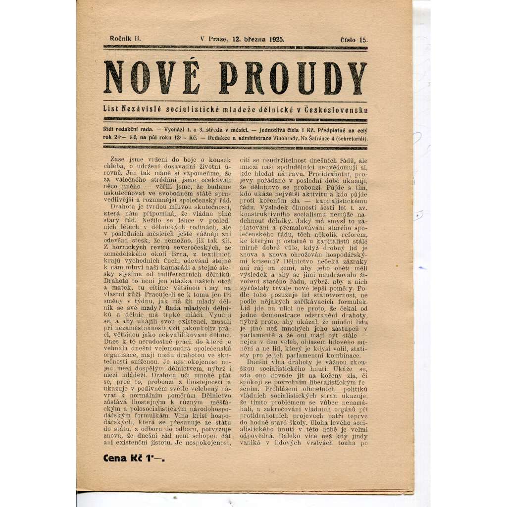 Nové proudy. List mládeže Socialistického Sjednocení (12.3.1925) - staré noviny, 1. republika