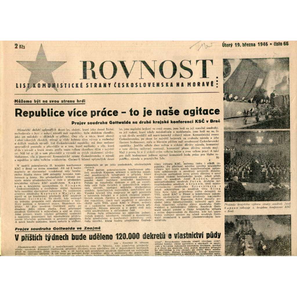 Rovnost (19.3.1946). List Komunistické strany Československa na Moravě (staré noviny)