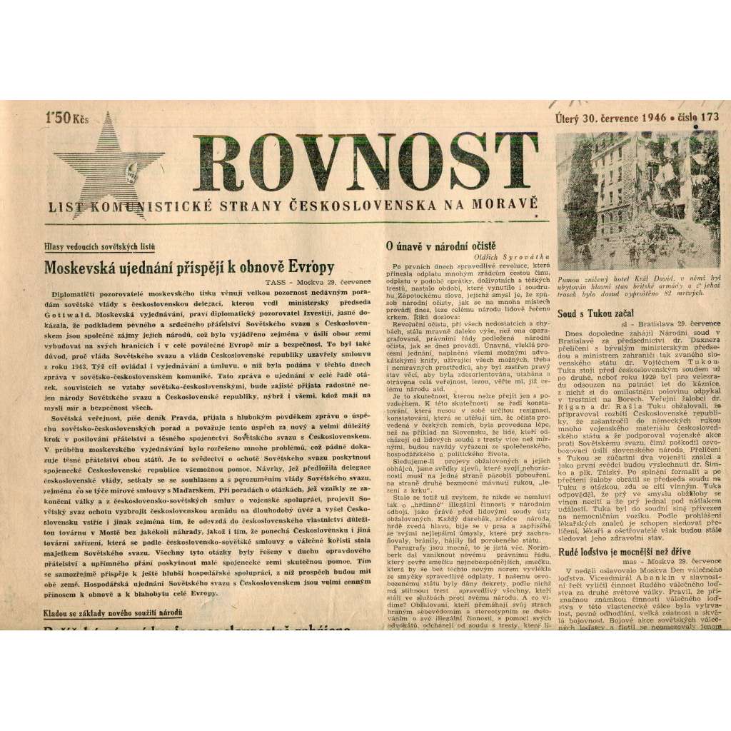 Rovnost (30.7.1946). List Komunistické strany Československa na Moravě (staré noviny)