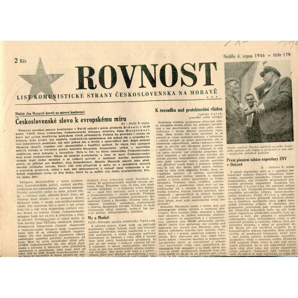 Rovnost (4.8.1946). List Komunistické strany Československa na Moravě (staré noviny)