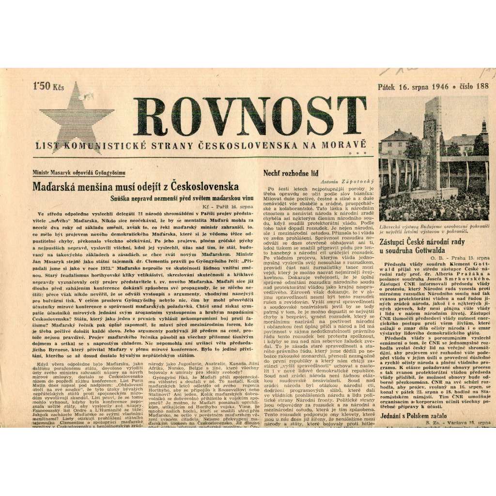 Rovnost (16.8.1946). List Komunistické strany Československa na Moravě (staré noviny)