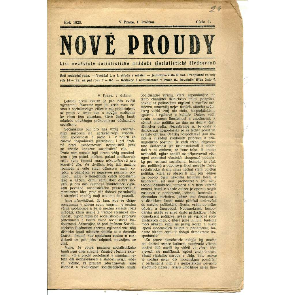 Nové proudy. List nezávislé socialistické mládeže (1.5./1923) - staré noviny, 1. republika Nové proudy. List nezávislé socialistické mládeže (1.5./1923) - staré noviny, 1. republika