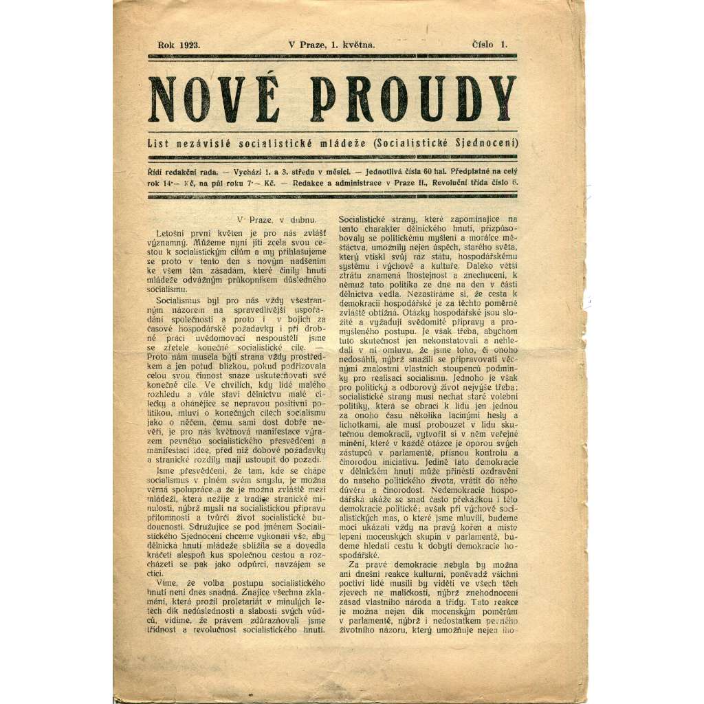Nové proudy. List nezávislé socialistické mládeže (1.5./1923) - staré noviny, 1. republika Nové proudy. List nezávislé socialistické mládeže (1.5./1923) - staré noviny, 1. republika