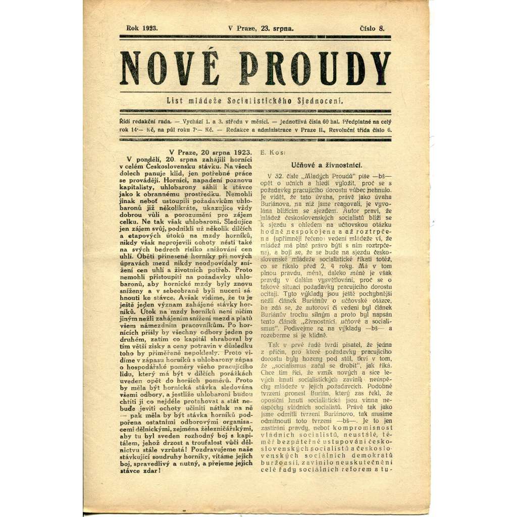Nové proudy. List mládeže Socialistického Sjednocení (23.8./1923) - staré noviny, 1. republika