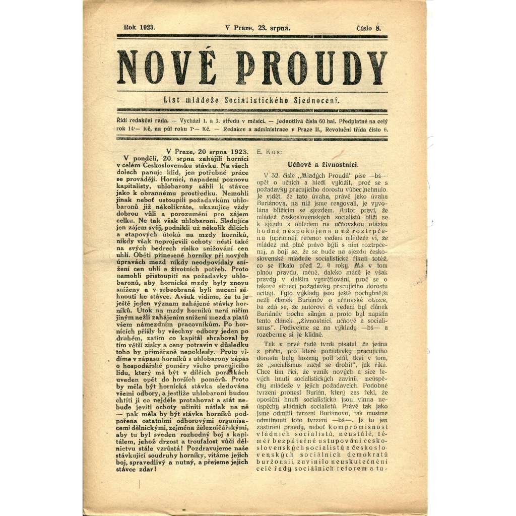 Nové proudy. List mládeže Socialistického Sjednocení (23.8./1923) - staré noviny, 1. republika Nové proudy. List mládeže Socialistického Sjednocení (23.8./1923) - staré noviny, 1. republika
