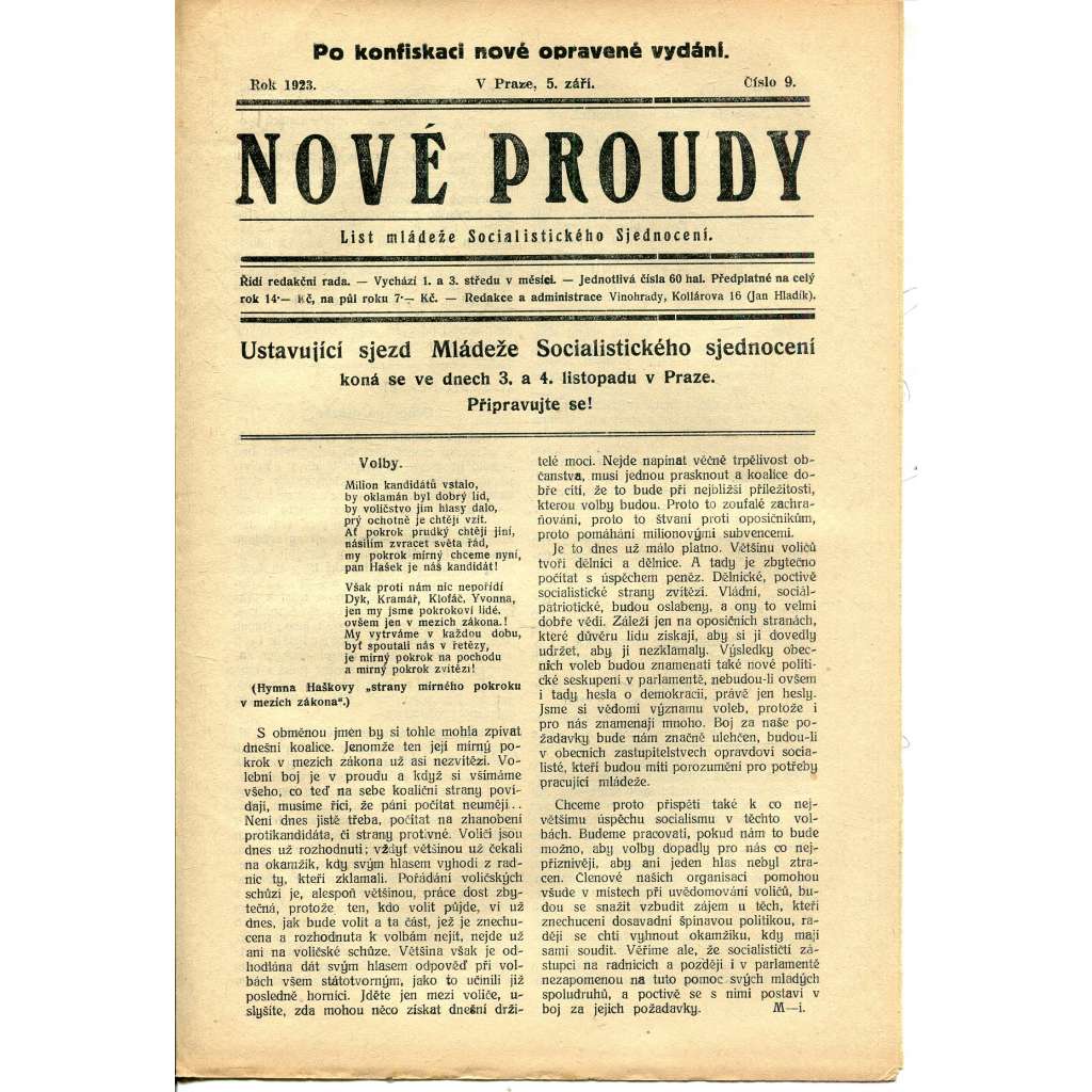 Nové proudy. List mládeže Socialistického Sjednocení (5.9.1923) - staré noviny, 1. republika Nové proudy. List mládeže Socialistického Sjednocení (5.9.1923) - staré noviny, 1. republika