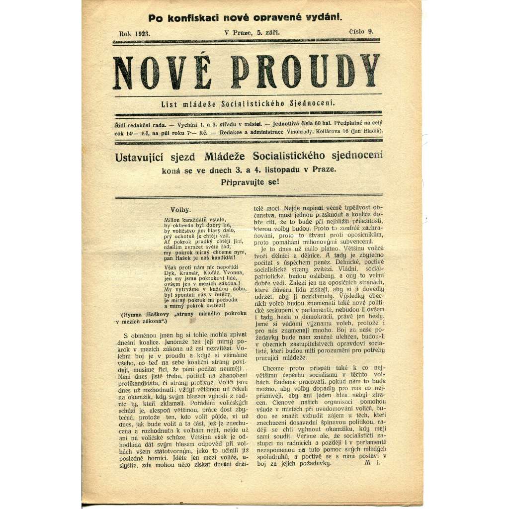 Nové proudy. List mládeže Socialistického Sjednocení (5.9.1923) - staré noviny, 1. republika Nové proudy. List mládeže Socialistického Sjednocení (5.9.1923) - staré noviny, 1. republika