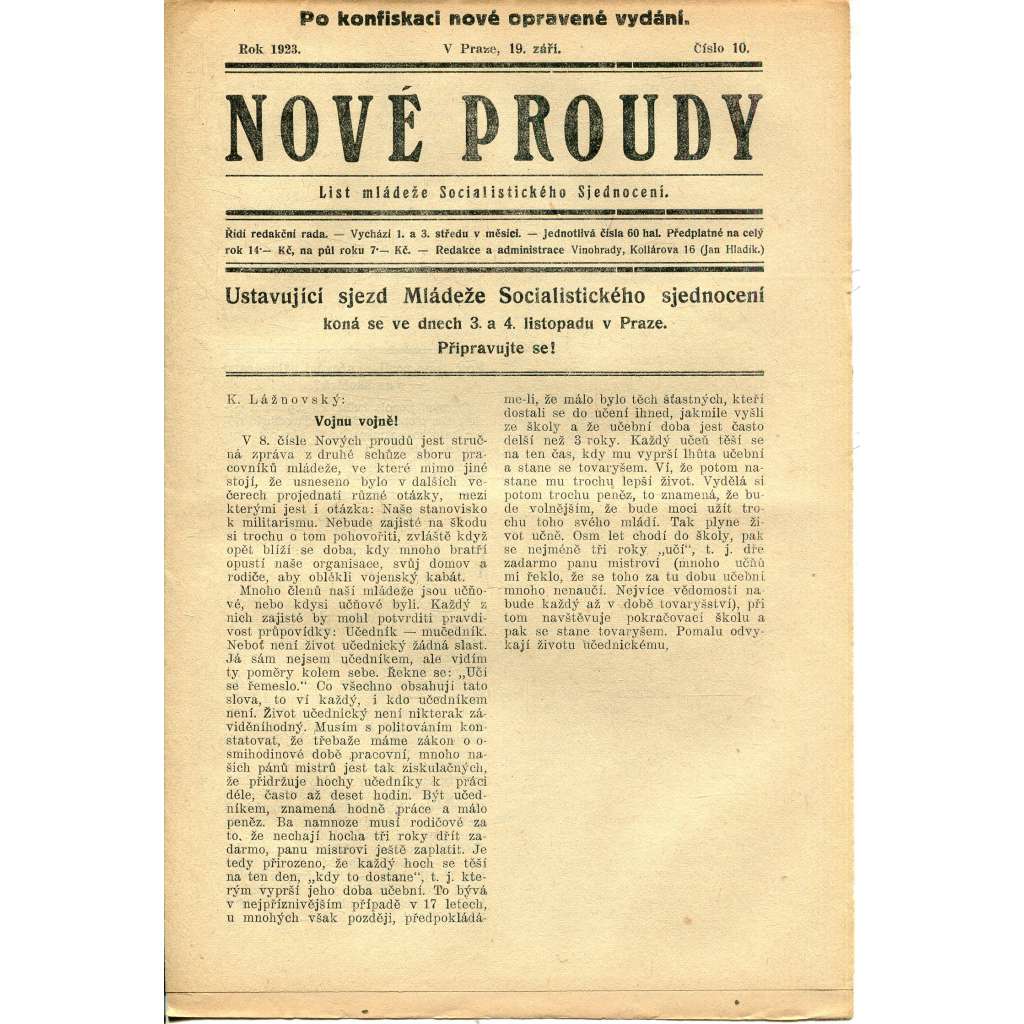 Nové proudy. List mládeže Socialistického Sjednocení (19.9.1923) - staré noviny, 1. republika Nové proudy. List mládeže Socialistického Sjednocení (19.9.1923) - staré noviny, 1. republika