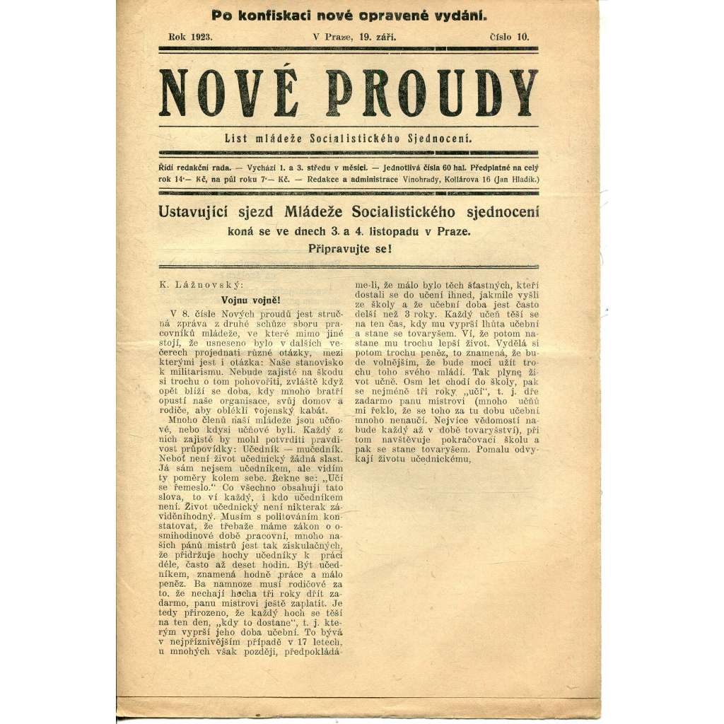 Nové proudy. List mládeže Socialistického Sjednocení (19.9.1923) - staré noviny, 1. republika Nové proudy. List mládeže Socialistického Sjednocení (19.9.1923) - staré noviny, 1. republika