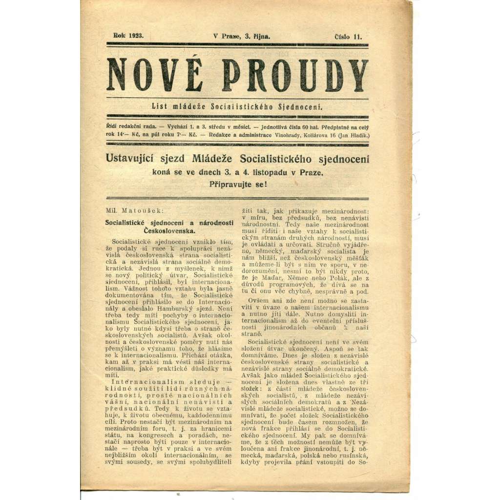 Nové proudy. List mládeže Socialistického Sjednocení (3.10.1923) - staré noviny, 1. republika Nové proudy. List mládeže Socialistického Sjednocení (3.10.1923) - staré noviny, 1. republika