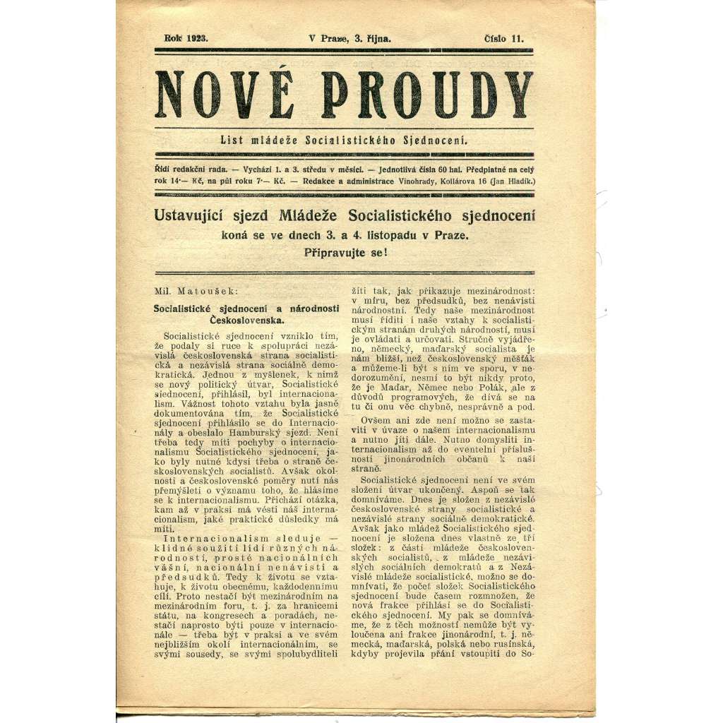 Nové proudy. List mládeže Socialistického Sjednocení (3.10.1923) - staré noviny, 1. republika Nové proudy. List mládeže Socialistického Sjednocení (3.10.1923) - staré noviny, 1. republika