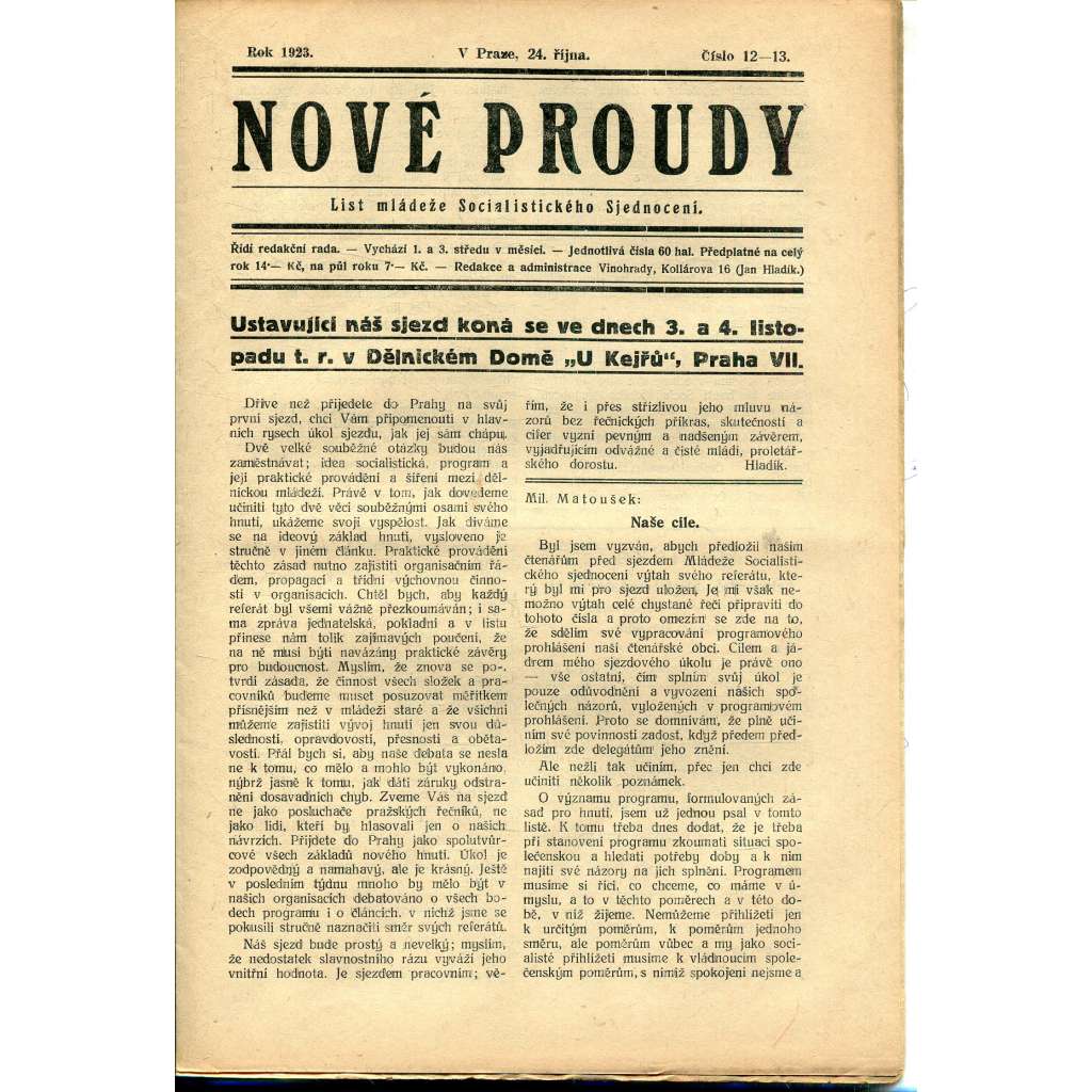 Nové proudy. List mládeže Socialistického Sjednocení (24.10.1923) - staré noviny, 1. republika Nové proudy. List mládeže Socialistického Sjednocení (24.10.1923) - staré noviny, 1. republika